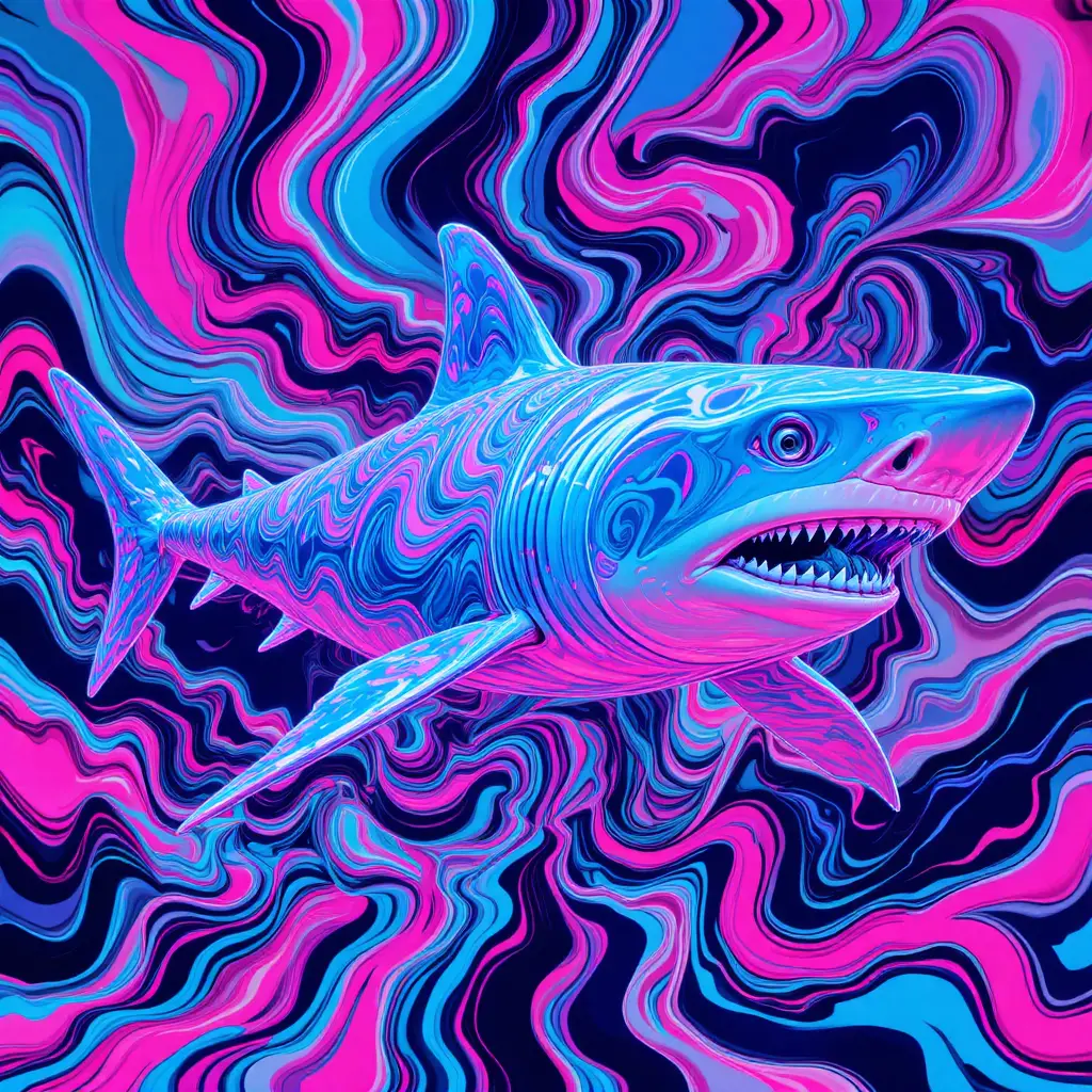 迷幻鯊魚於旋繞霓虹大理石波浪中