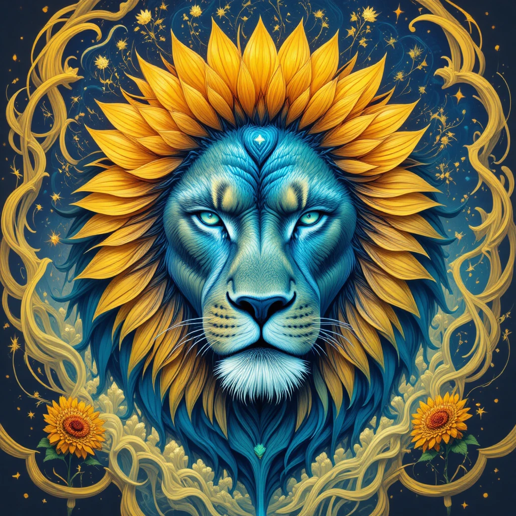 Leone mistico con criniera di girasole ed energia astratta vorticosa