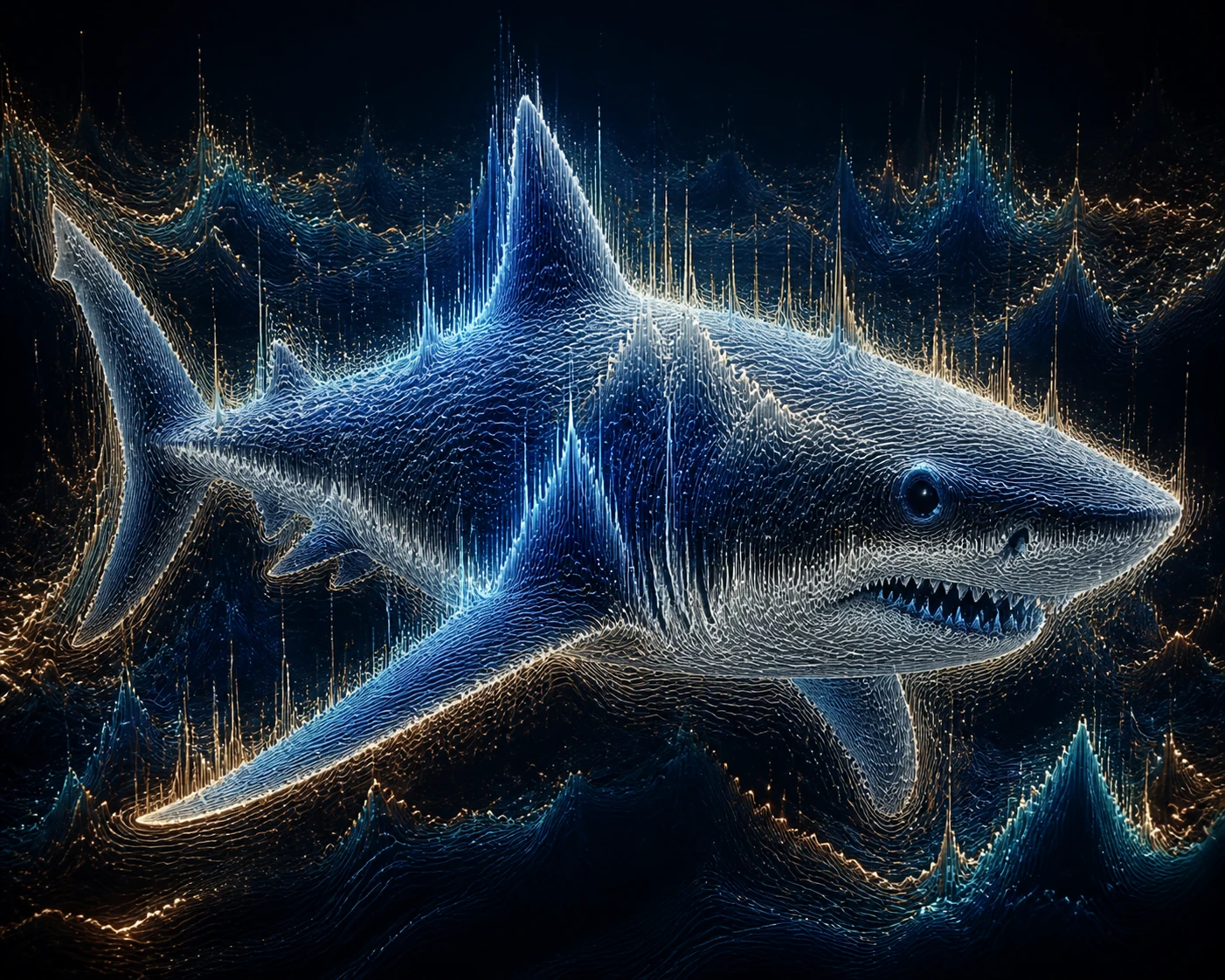 Tiburón espectral formado por olas luminosas de bronce y turquesa