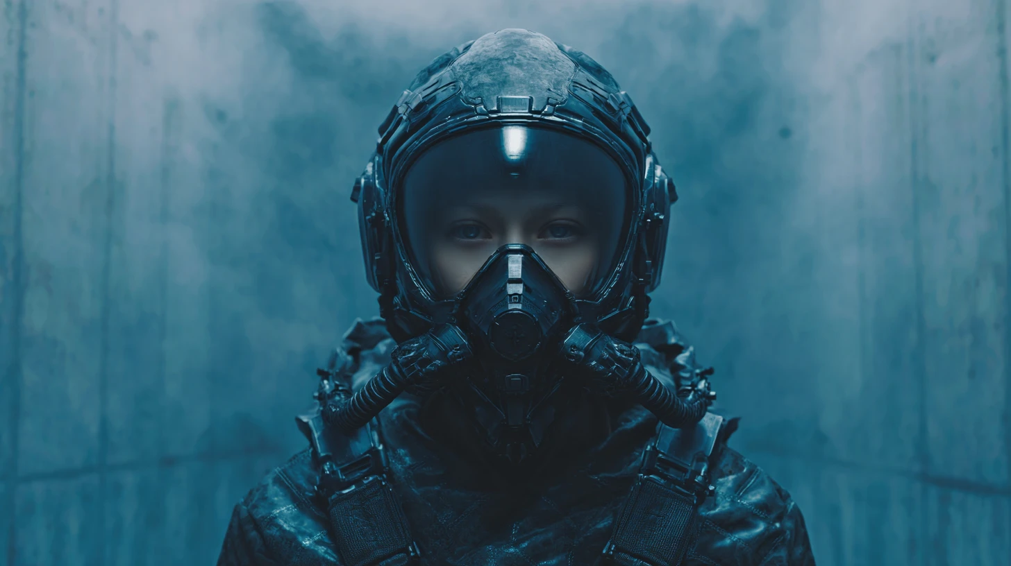 Oscuro comandante guerriero futuristico in una città sci‑fi bagnata dalla pioggia