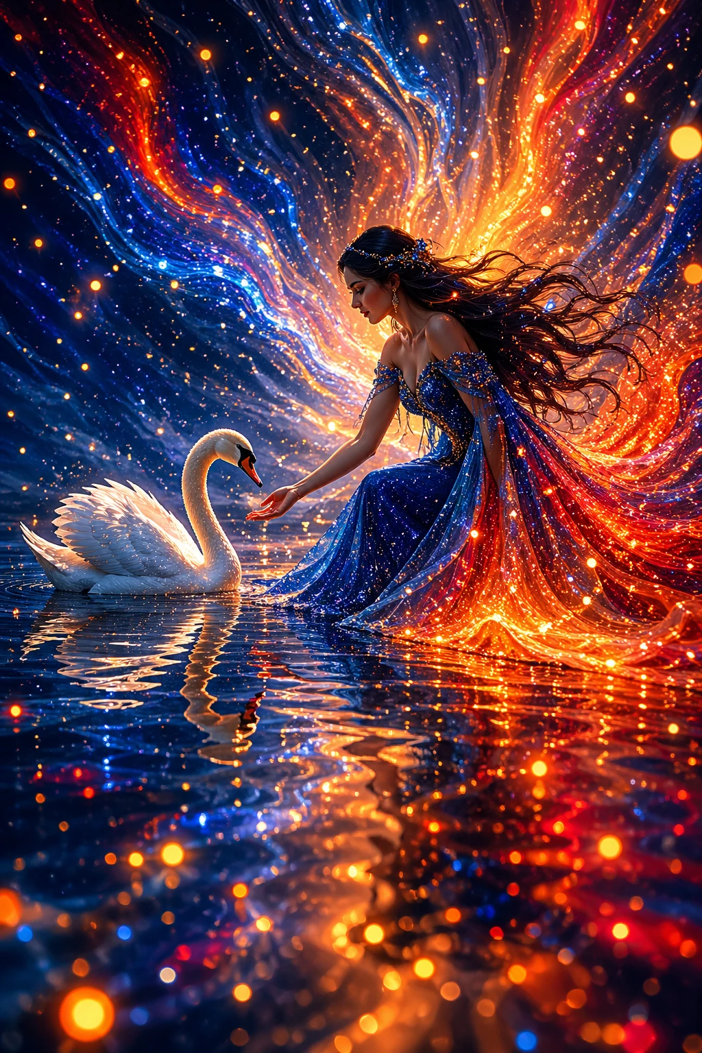 Fantasie-Frau mit Schwan in leuchtender kosmischer Wasserlandschaft