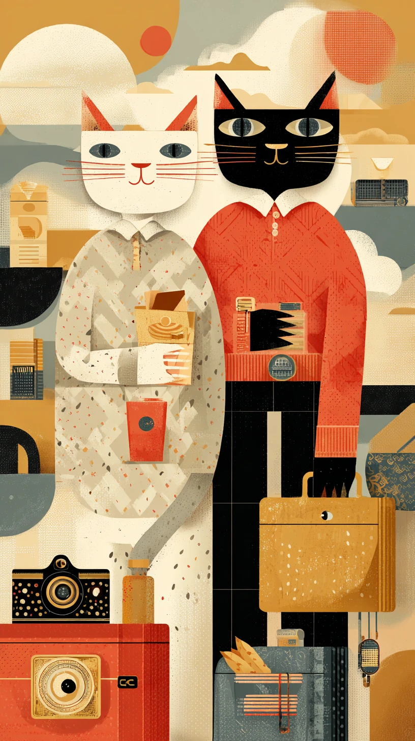 Anthropomorphic cat couple on a chic travel adventure