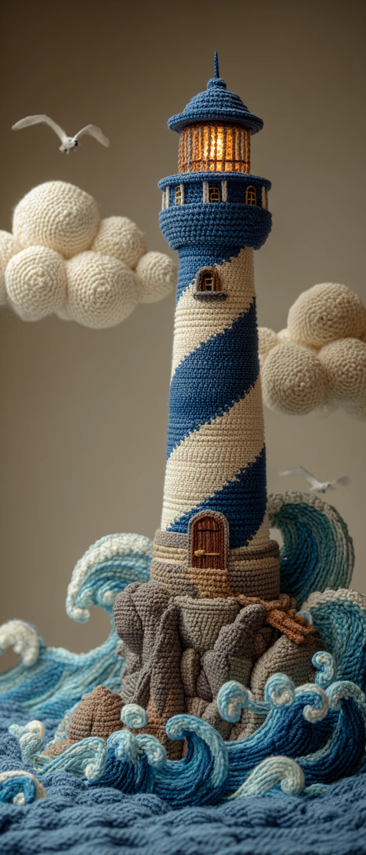 Crocheted lighthouse towering over stormy yarn sea waves