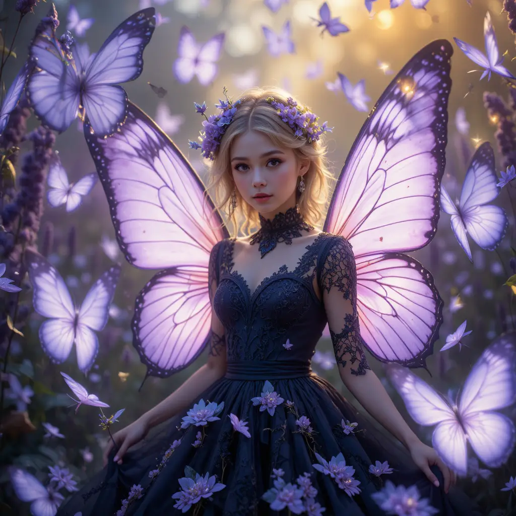Fantasy girl with glowing lavender butterflies in soft light