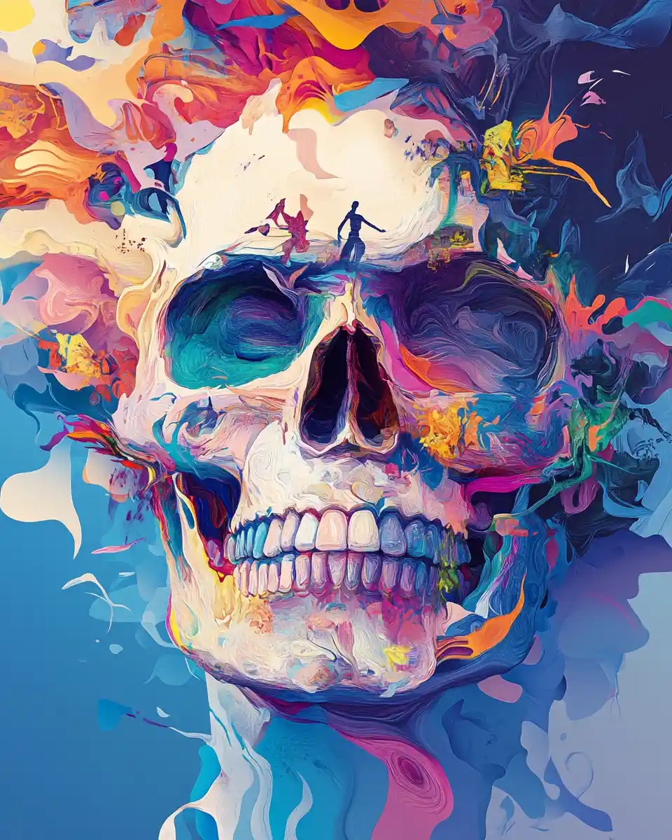 Surreal skull face filled with vivid digital worlds