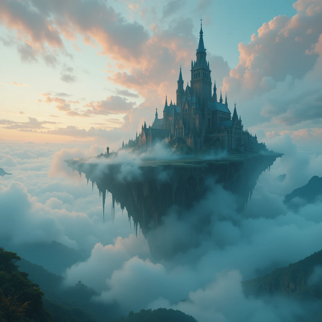 Surreal Gothic island floating in misty ethereal clouds