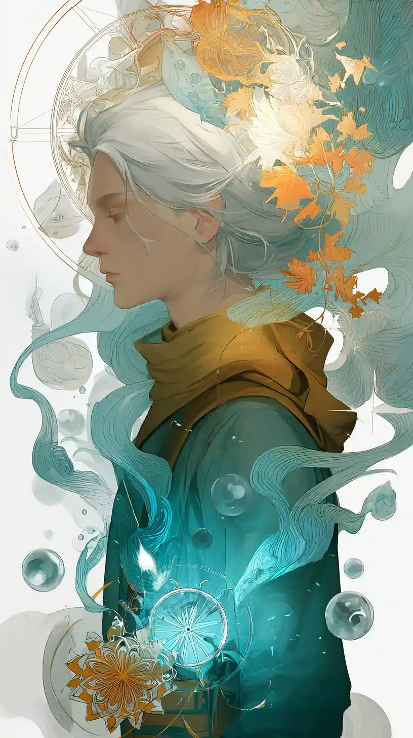 Young male sorcerer in a dreamy magical interior