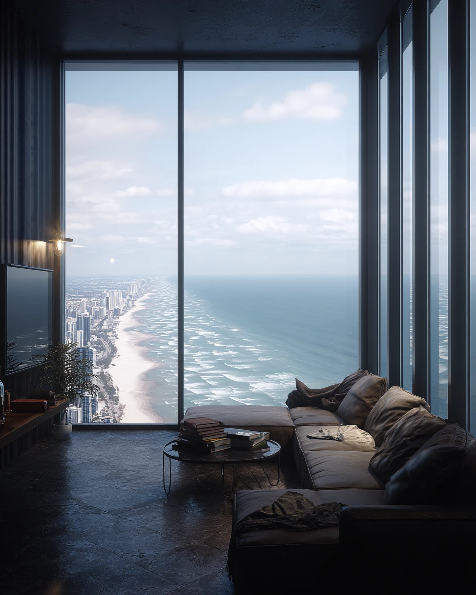 Soggiorno moderno con vista panoramica sul mare e sulla città