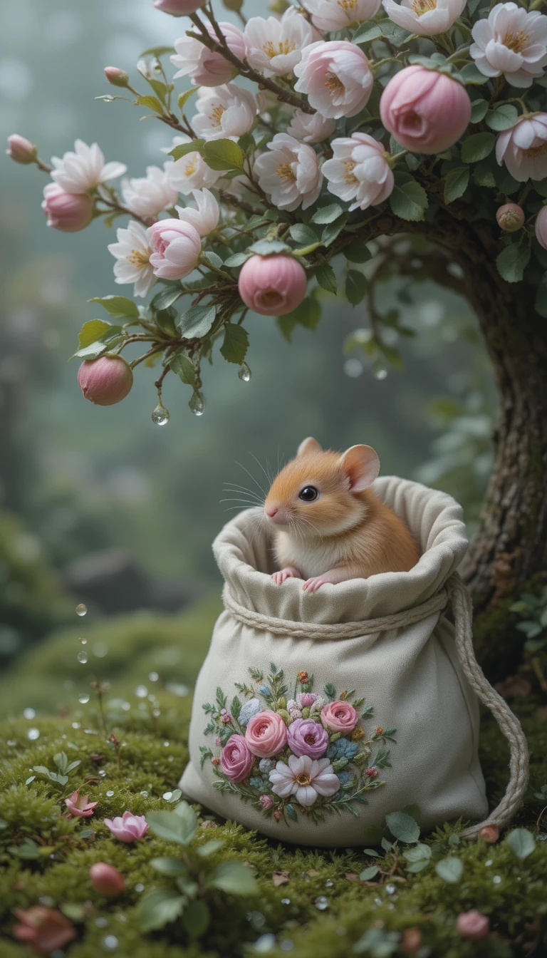 Ratinho minúsculo descansando sobre o musgo dentro de uma bolsa bordada
