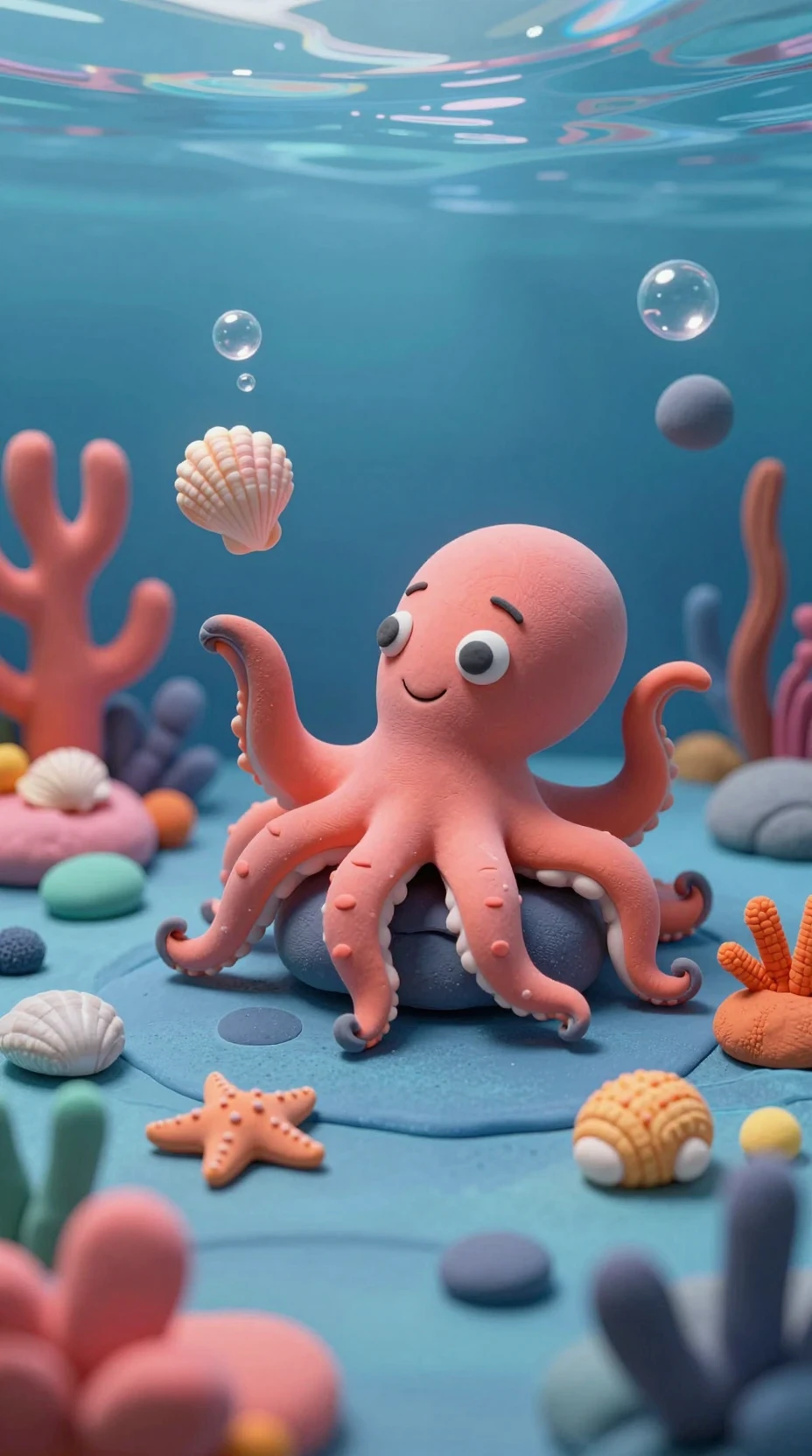 Clay octopus juggling seashells in a playful underwater world