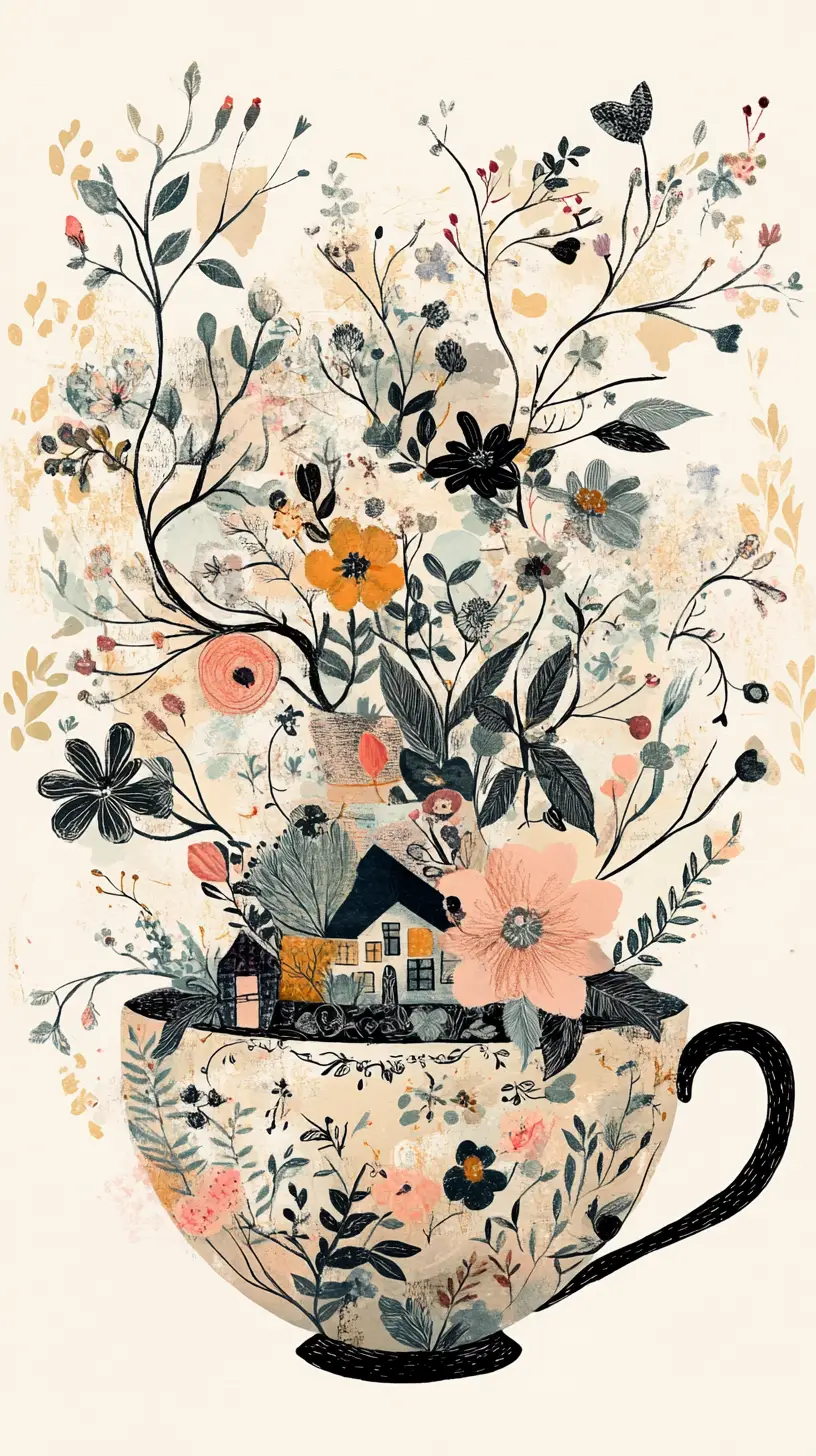 Whimsical village nestled inside a vintage floral teacup
