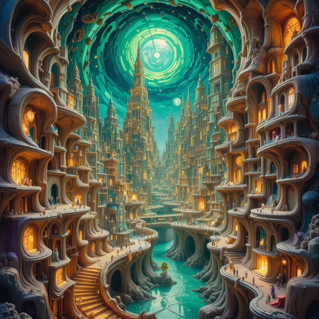 Paisagem urbana surreal em esmeralda e ouro com arquitetura orgânica viva