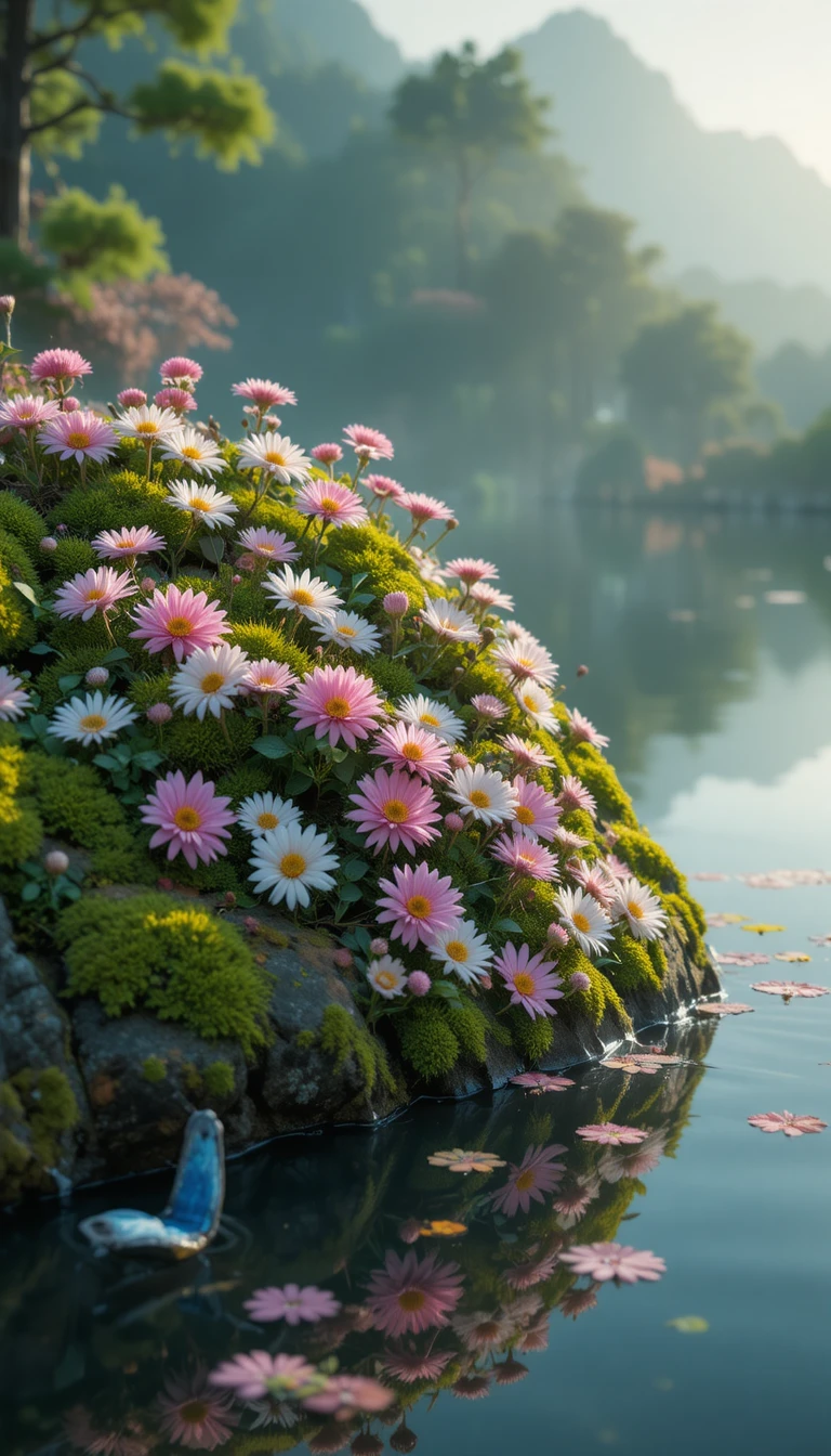 Leuchtende Blumen auf moosbedecktem bernsteinfarbenem Felsen im See gespiegelt