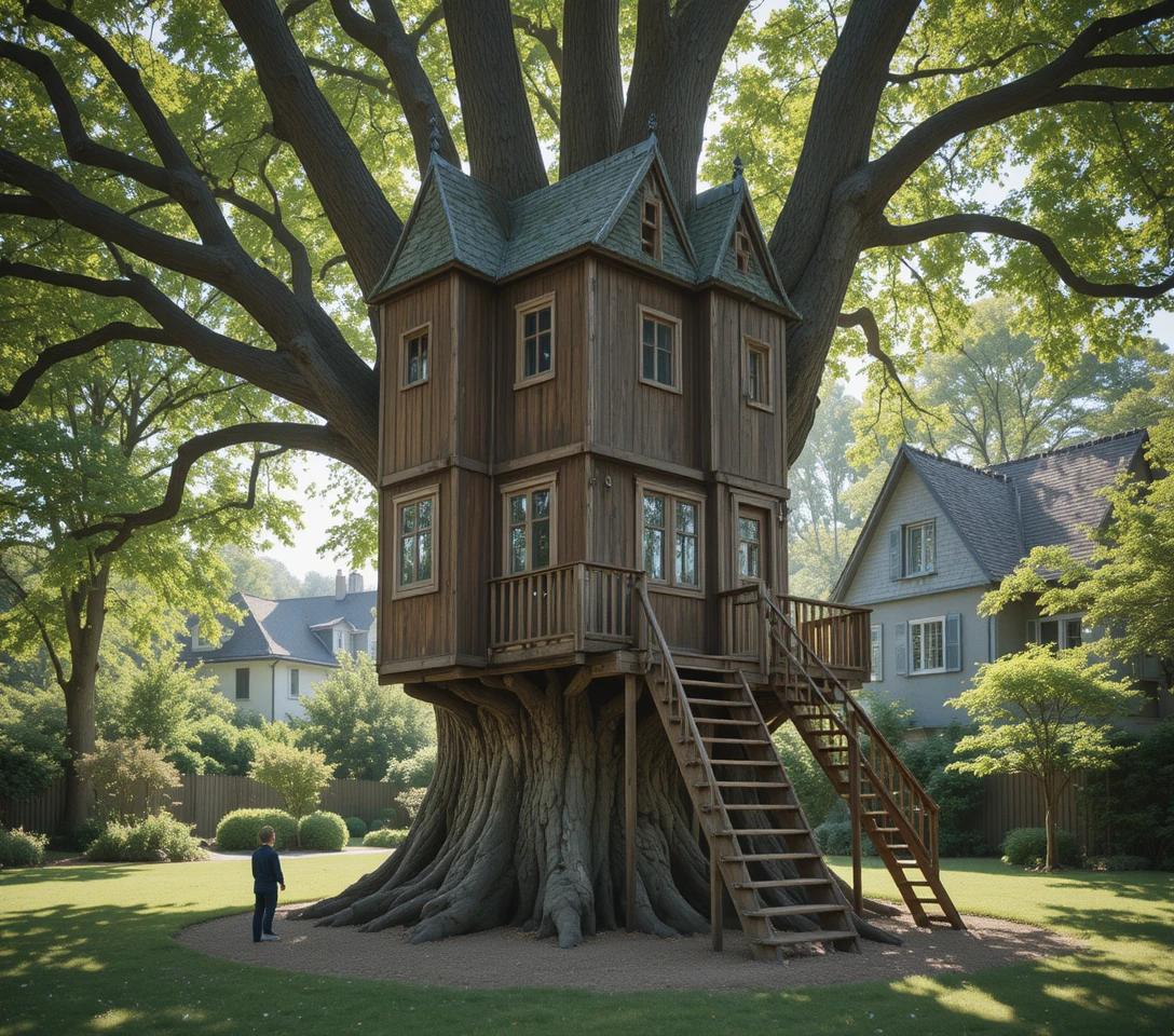 Holziges Baumhaus mit Türmen im sonnigen Garten hinter dem Haus