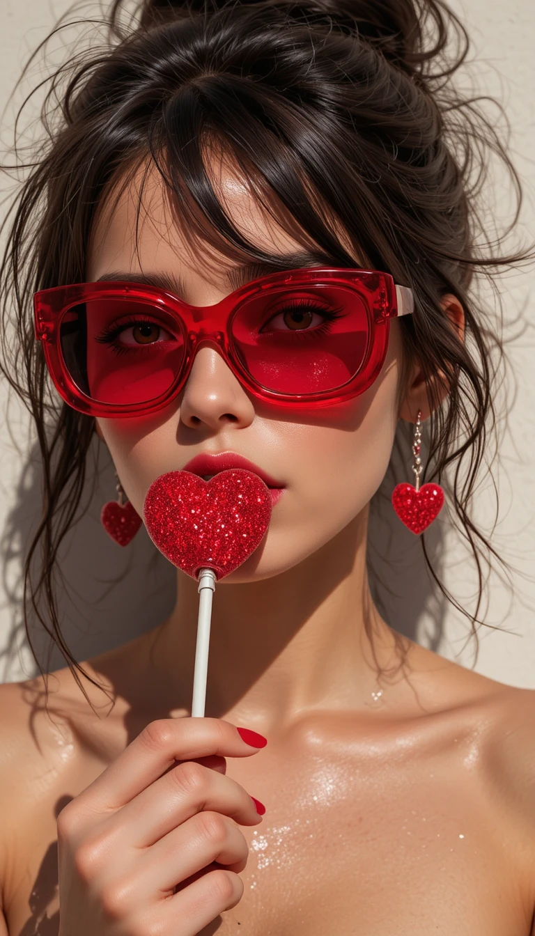 Woman in red sunglasses with heart lollipop in sunlight