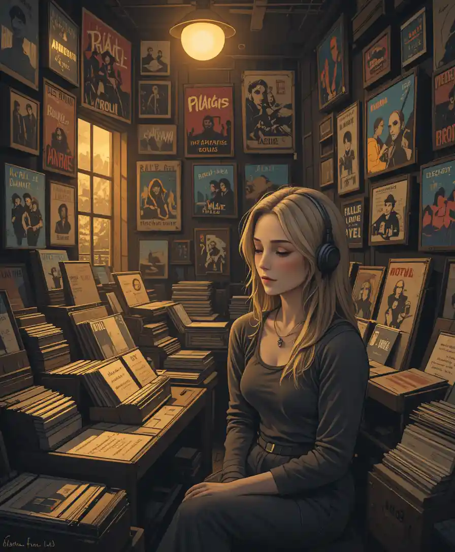 Young woman listening to vinyl in a cozy record store