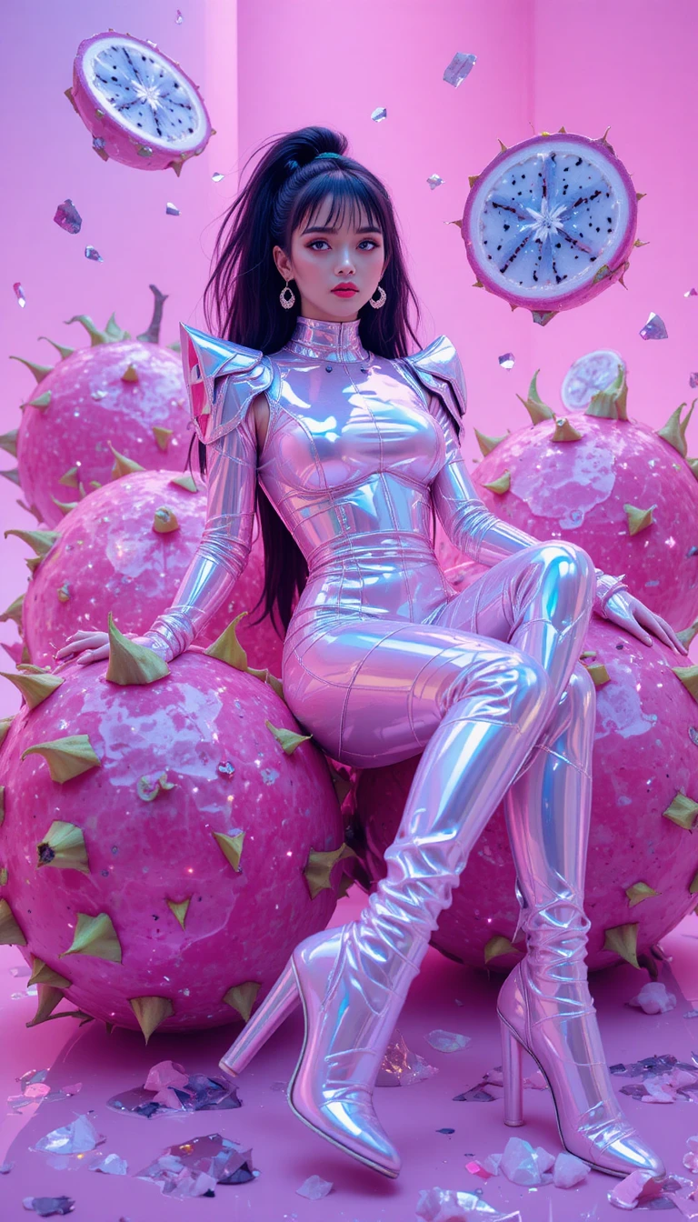 Femme futuriste sur des pitayas flottant dans un espace néon
