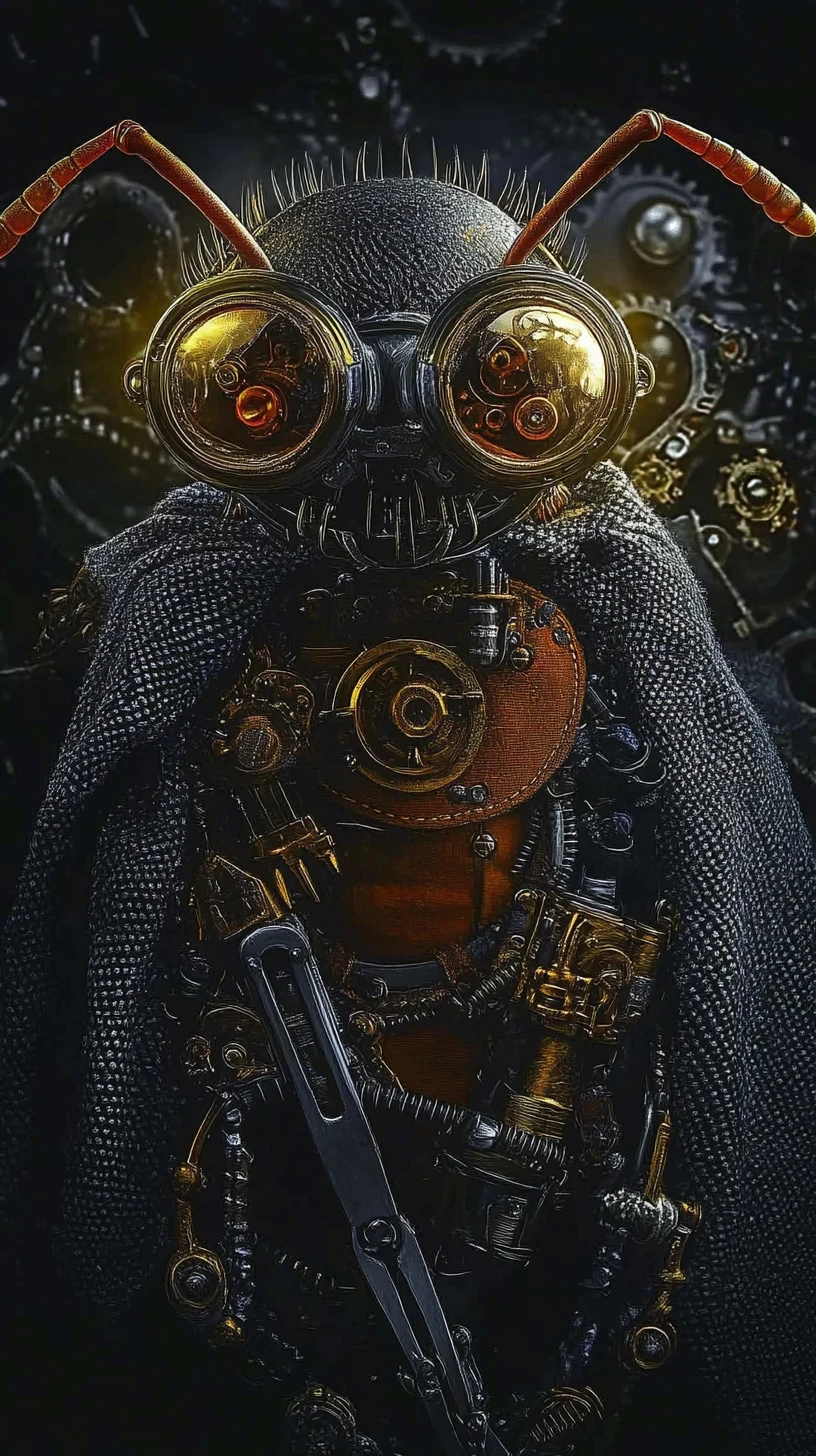 Steampunk-Ameise mit Schutzbrille und Werkzeugen steht entschlossen