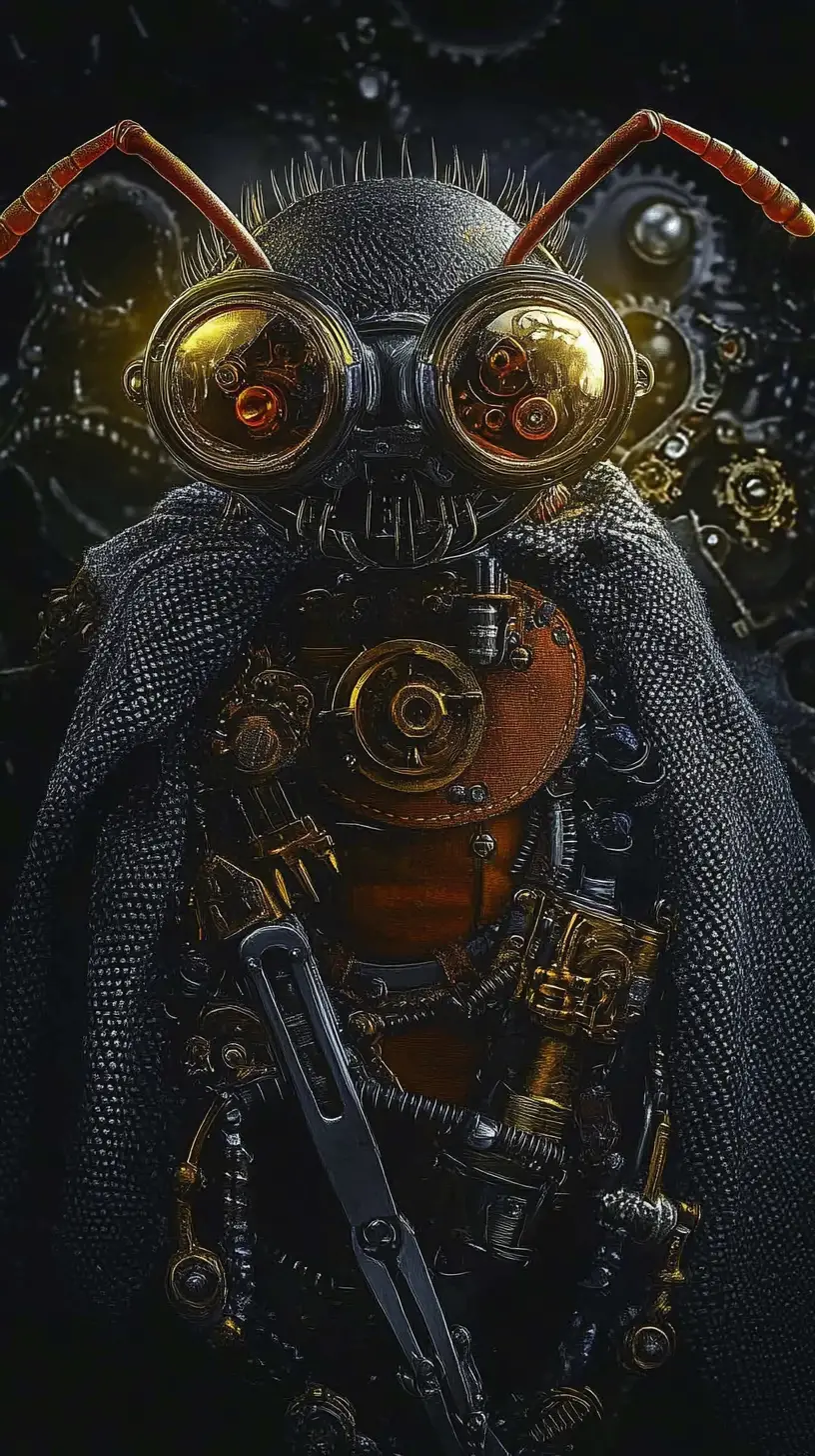 Steampunk-Ameise mit Schutzbrille und Werkzeugen steht entschlossen