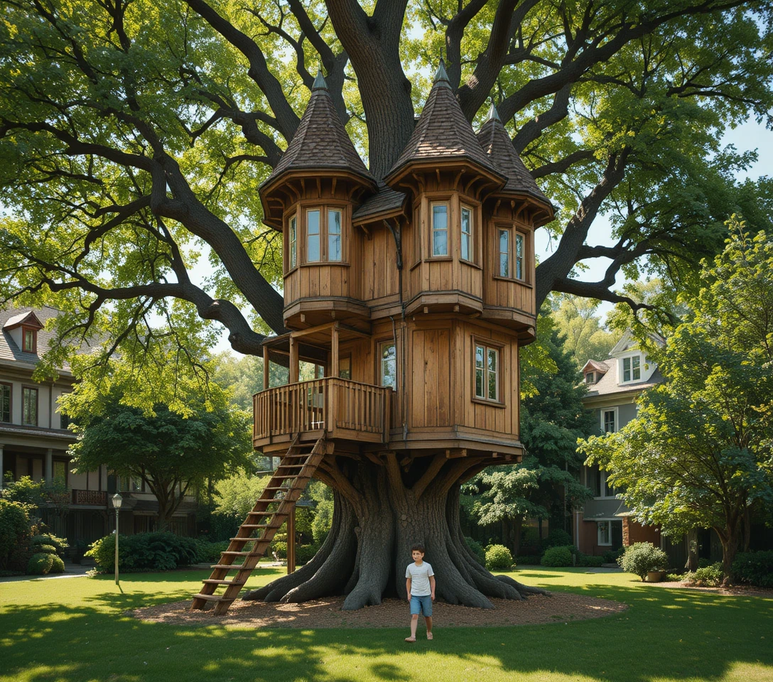 Holz-Baumhaus mit burgähnlichen Türmen in einem sonnigen Garten