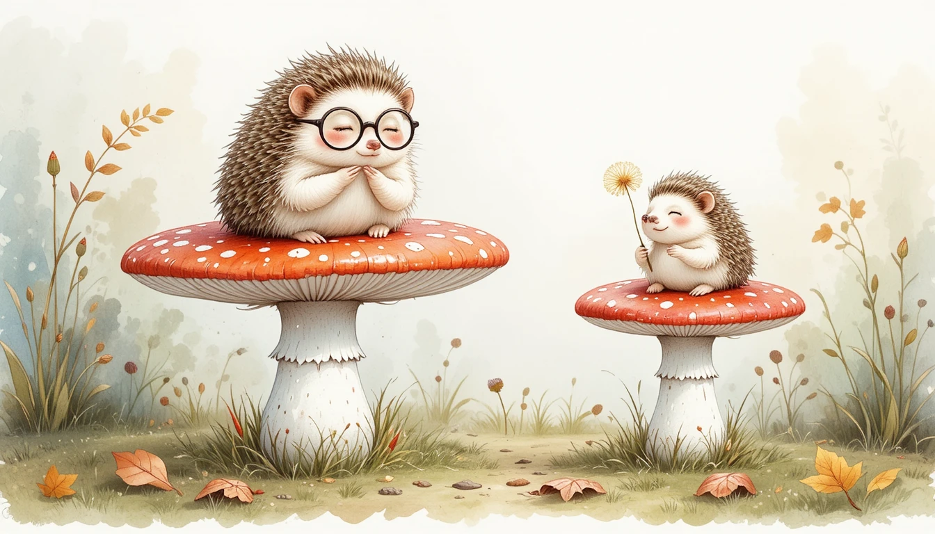 Dois ouriços descansando em cogumelos-amanita em aquarela