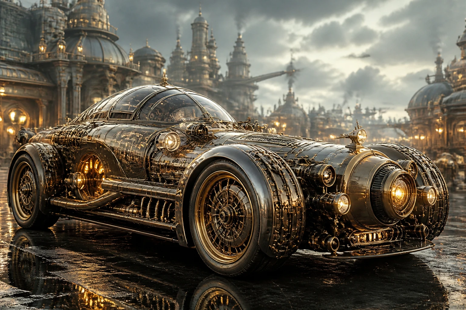 Carro retrofuturista que combina design futurista e steampunk