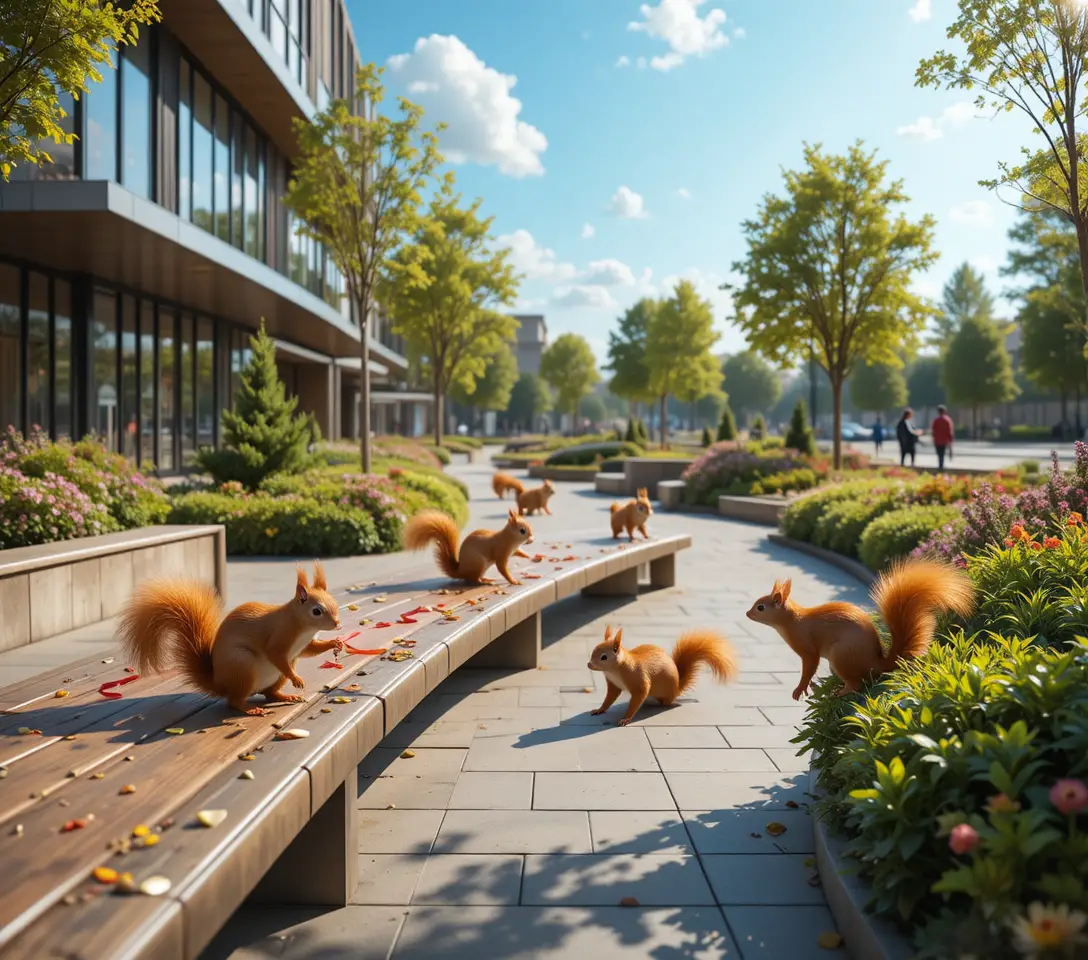Lively red squirrels playing around benches in a city park