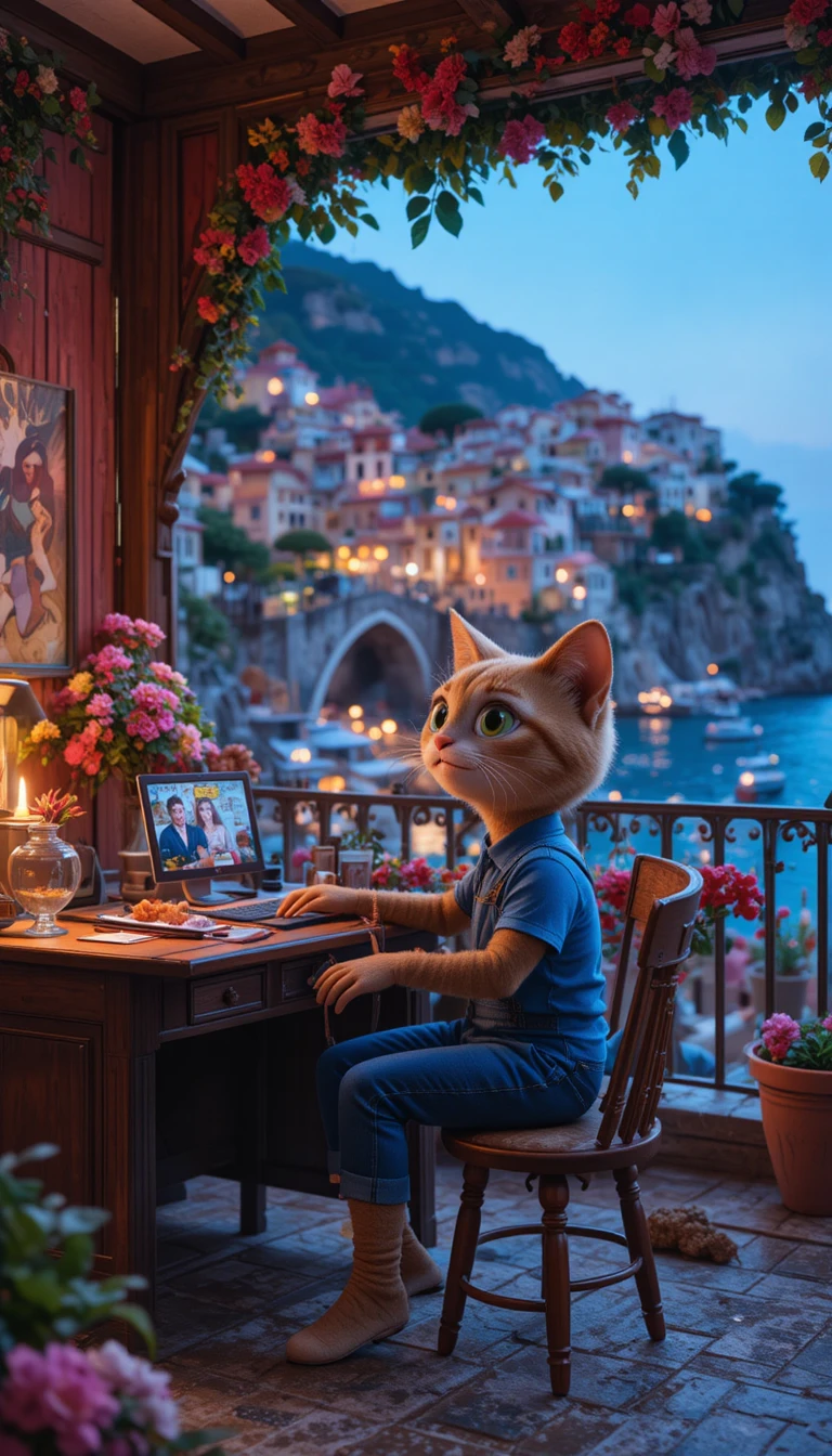 Tierno gato de caricatura haciendo ASMR en un escritorio acogedor