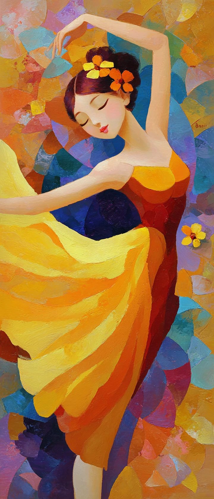 Peinture d’anime d’une élégante danseuse dans un style inspiré de Klimt