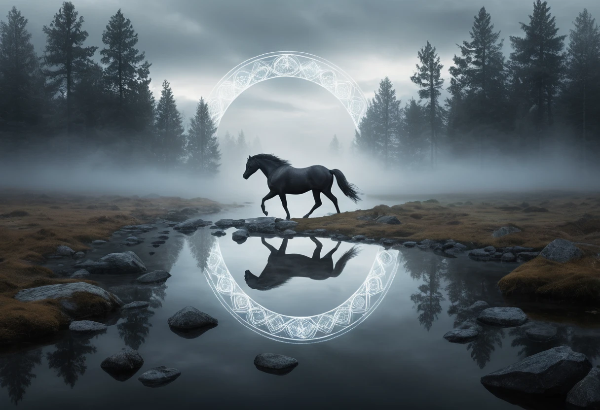 Visione nordica surreale con dio delle ombre e cavallo luminoso