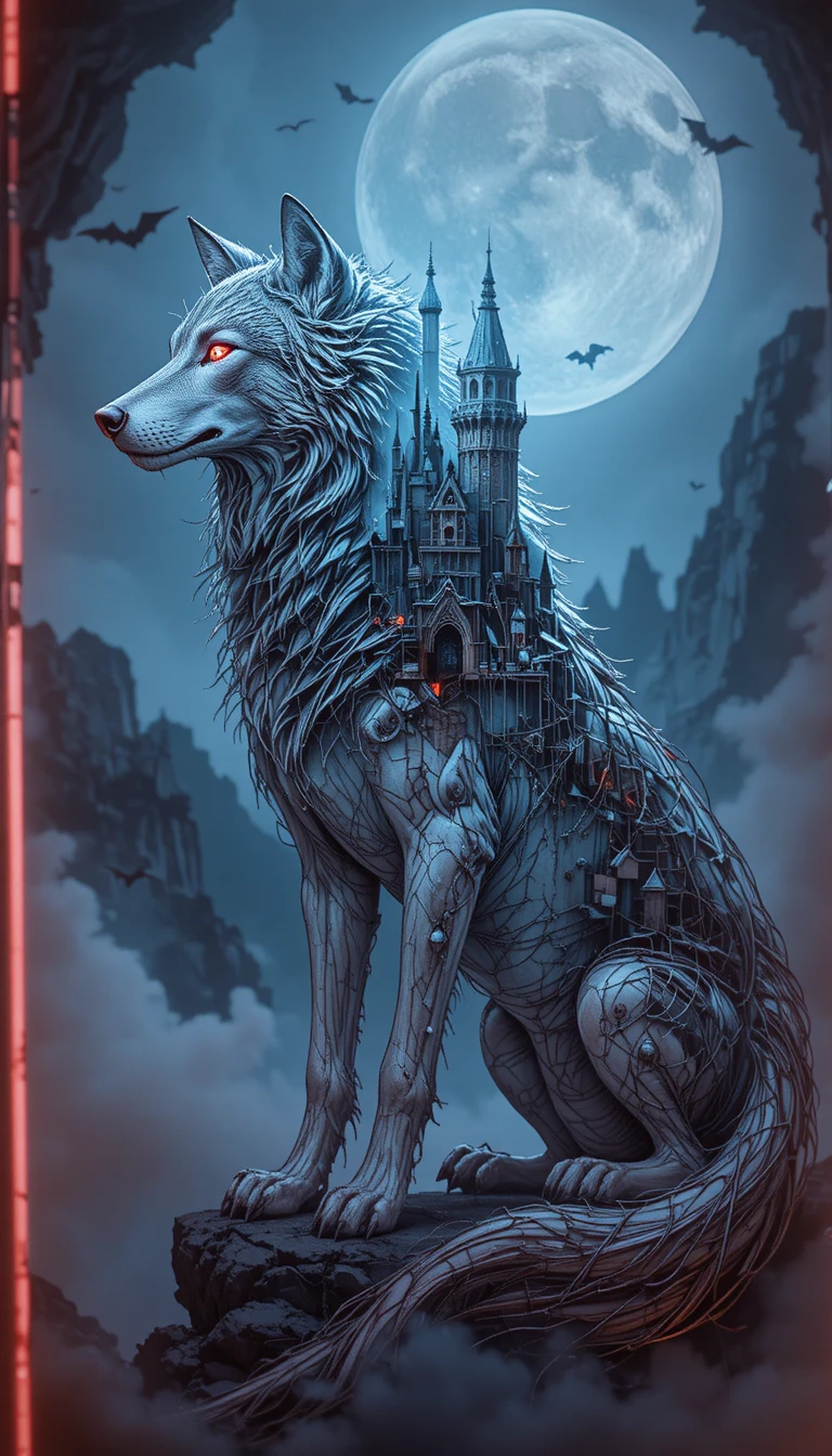 Esboço místico de lobo com castelo e céu ao luar em seu interior