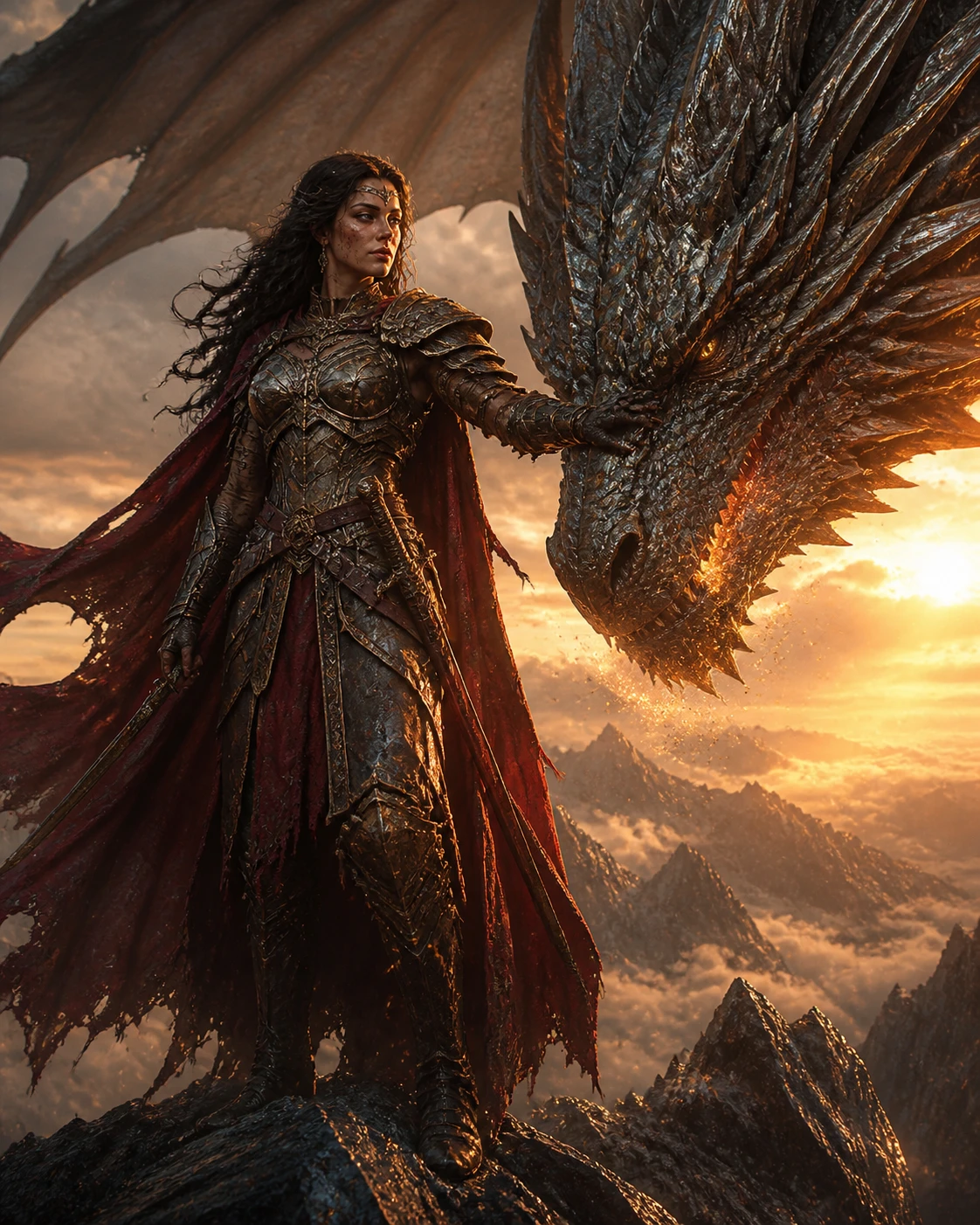 Erhabene Kriegerin, die bei Sonnenuntergang einen uralten Drachen beherrscht