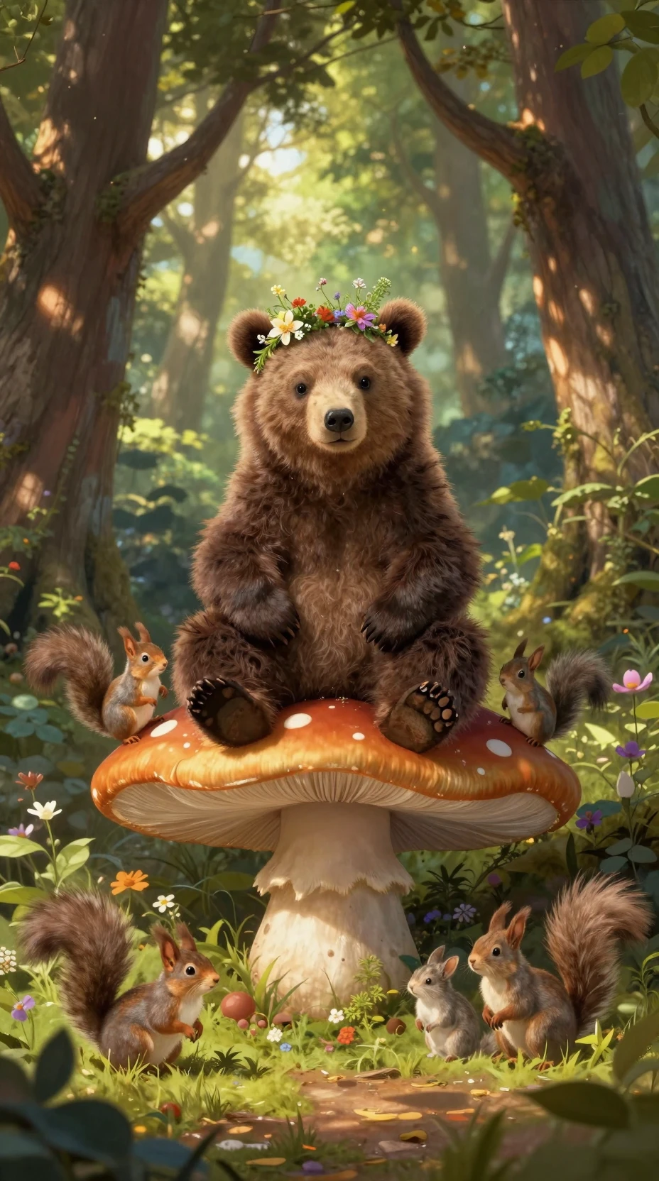 Cucciolo di orso re su un trono di funghi in una radura del bosco