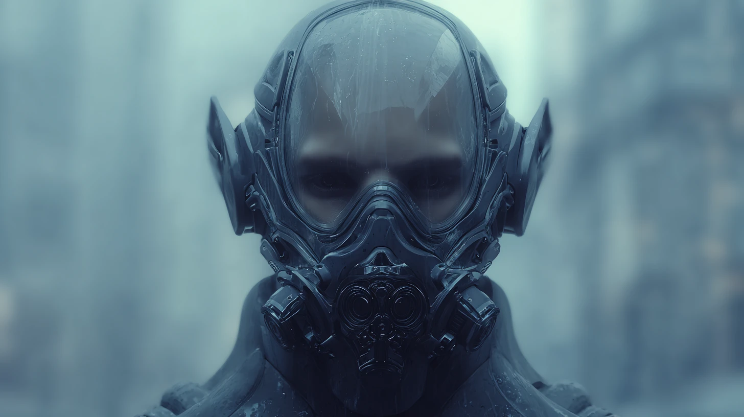 Unheilvoller Sci‑Fi‑Kriegerkommandant im kalten Regennebel