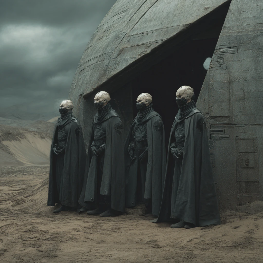 Figura de ciborgue em abrigo futurista cinematográfico no deserto