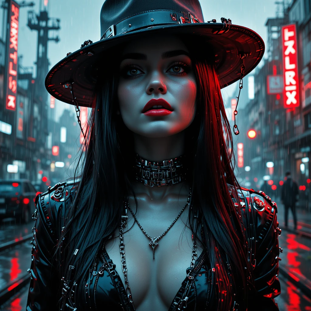 Glitch noir portrait of a fierce woman in neon shadows