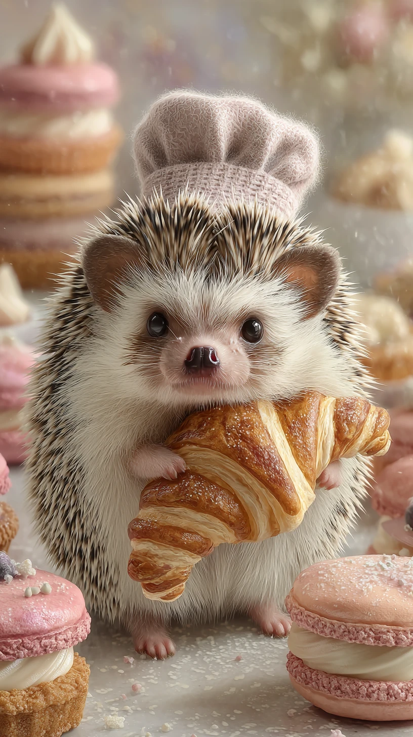 Fofo ouriço-chef segurando um croissant gigante em uma padaria