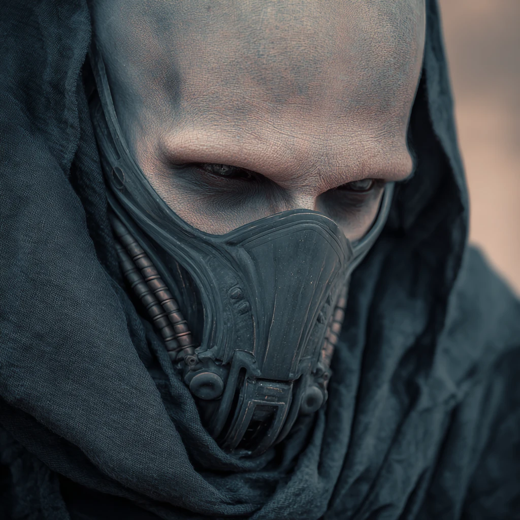Homem de ficção científica mascarado em abrigo fantasmagórico no deserto