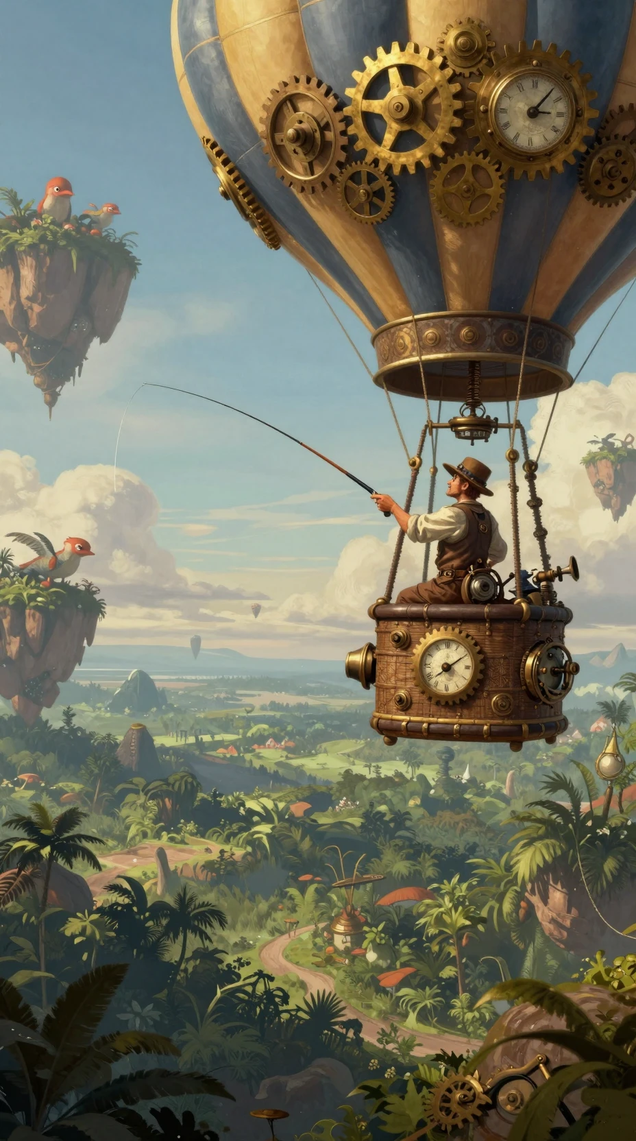 Steampunk-Erfinder angelt aus einem messingfarbenen Luftschiffballon