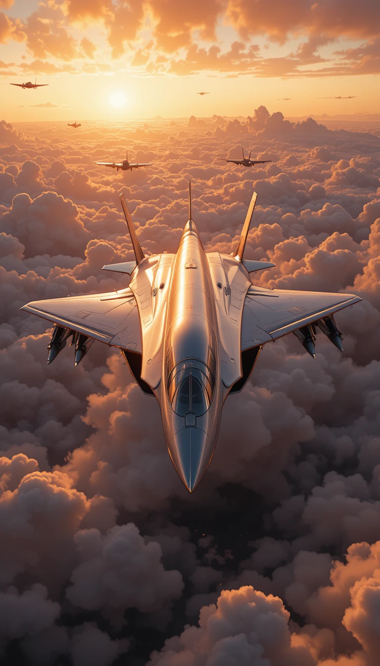 Jet Concorde Futuristico Sopra Nuvole Dorate al Tramonto