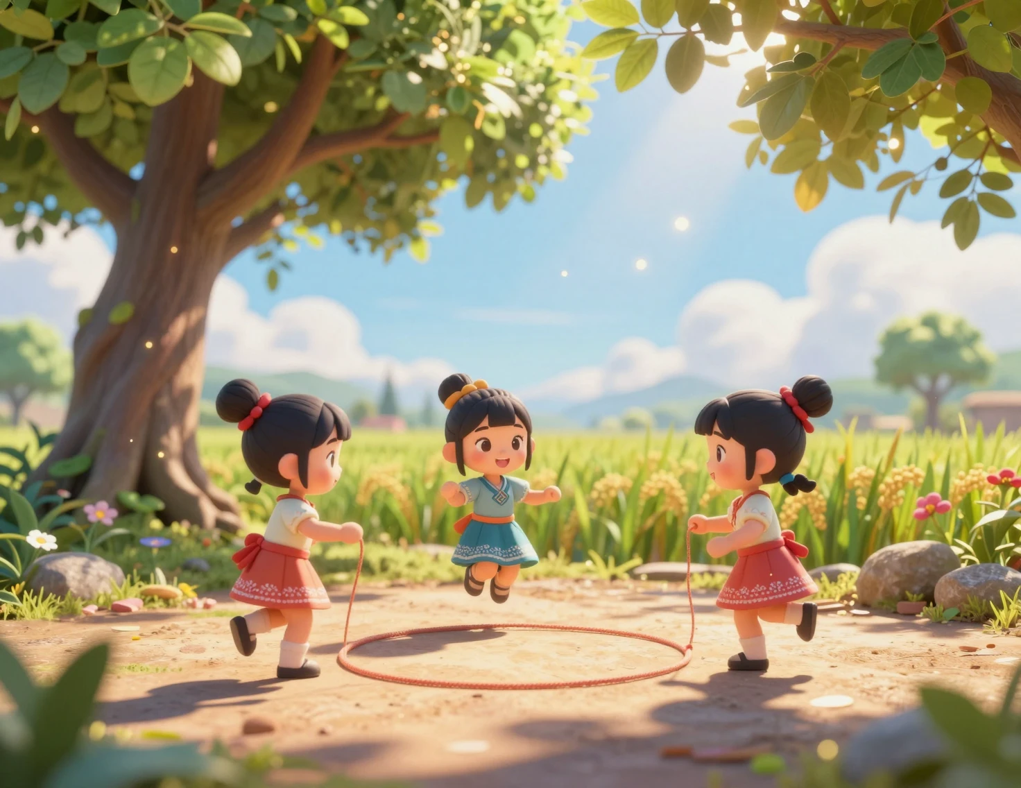 Três meninas chibi pulando corda em um cenário natural exuberante