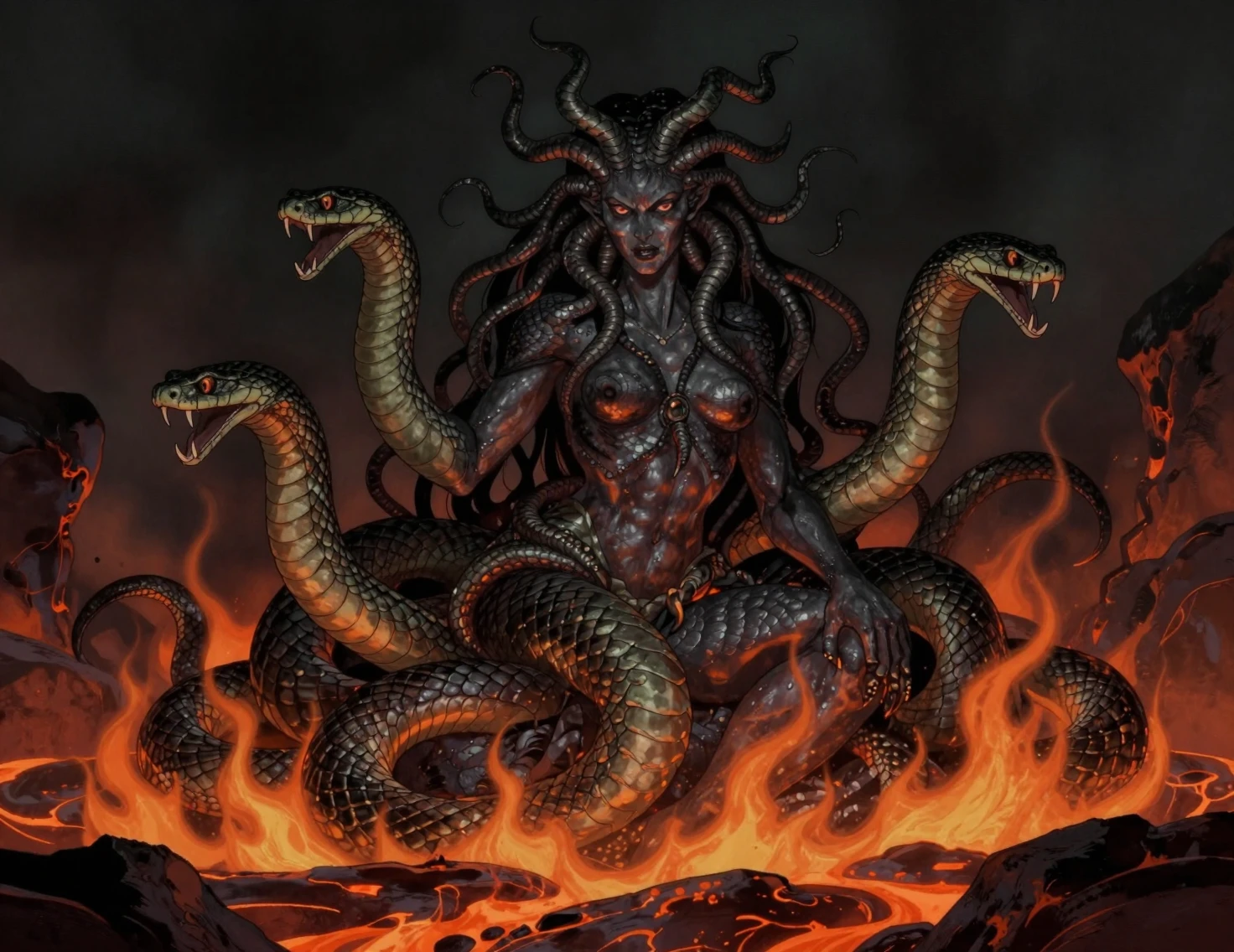 Medusa Surgiendo de Lava Fundida en Ilustración Noir