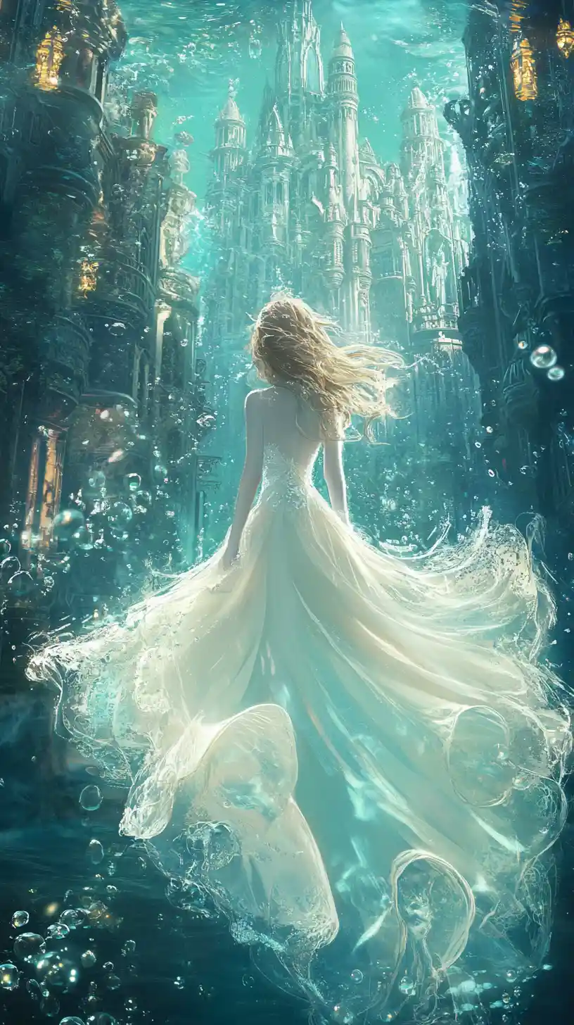 Ethereal maiden rising within a submerged fantasy kingdom