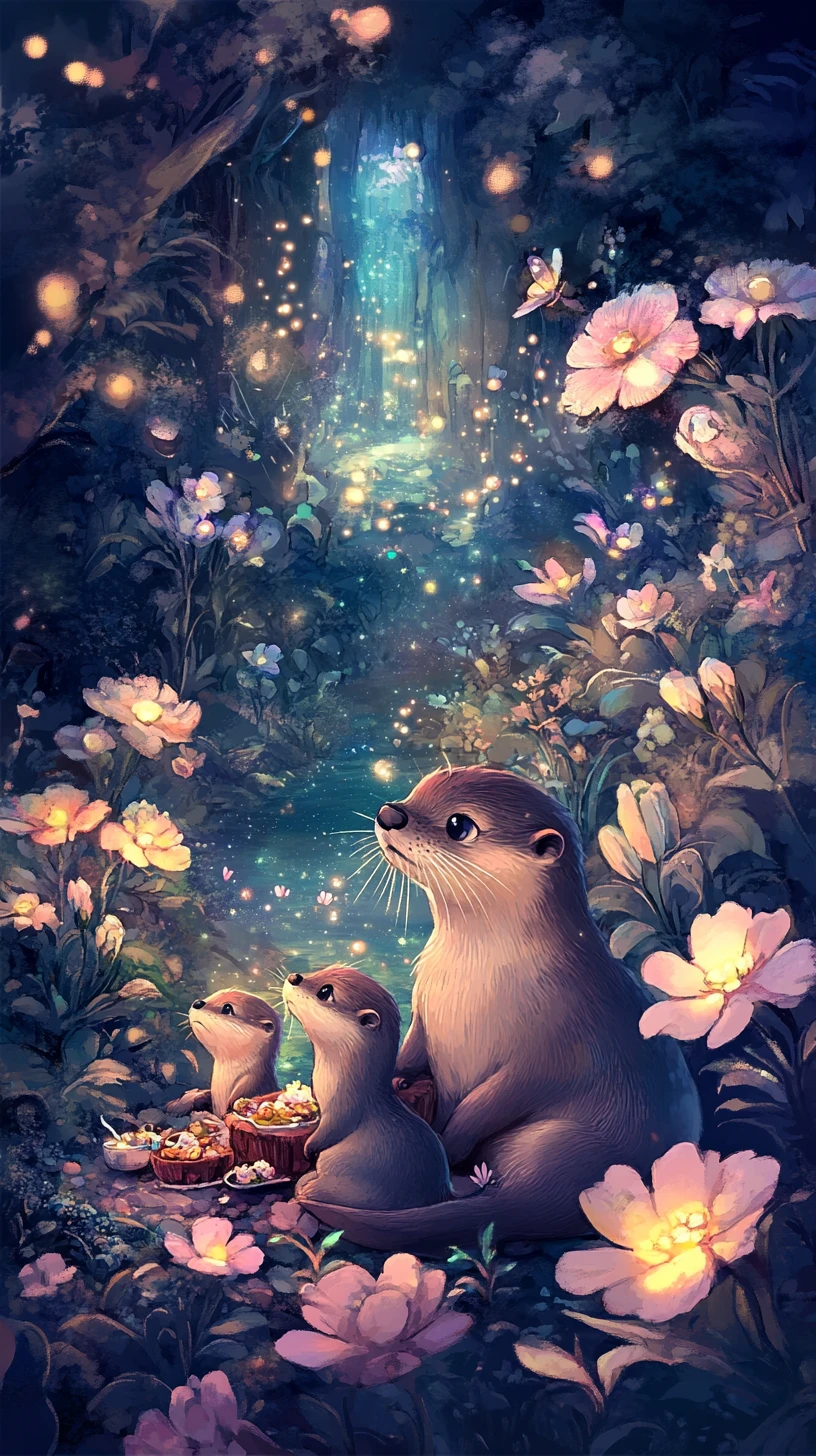 Verspieltes Otterfamilien-Picknick in einem leuchtenden Fantasiegarten