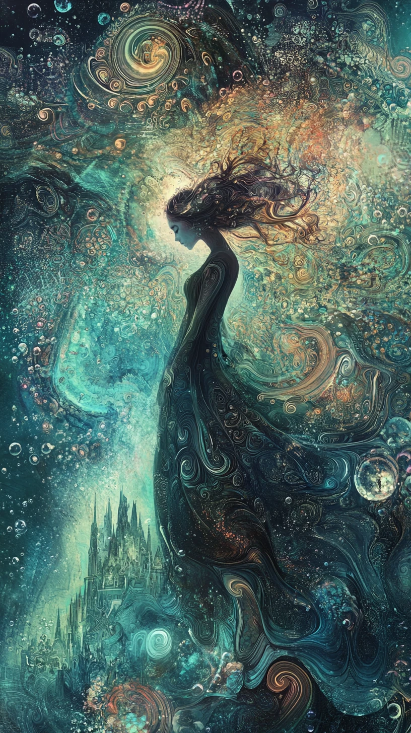 Ethereal maiden rising within a surreal underwater fantasy realm