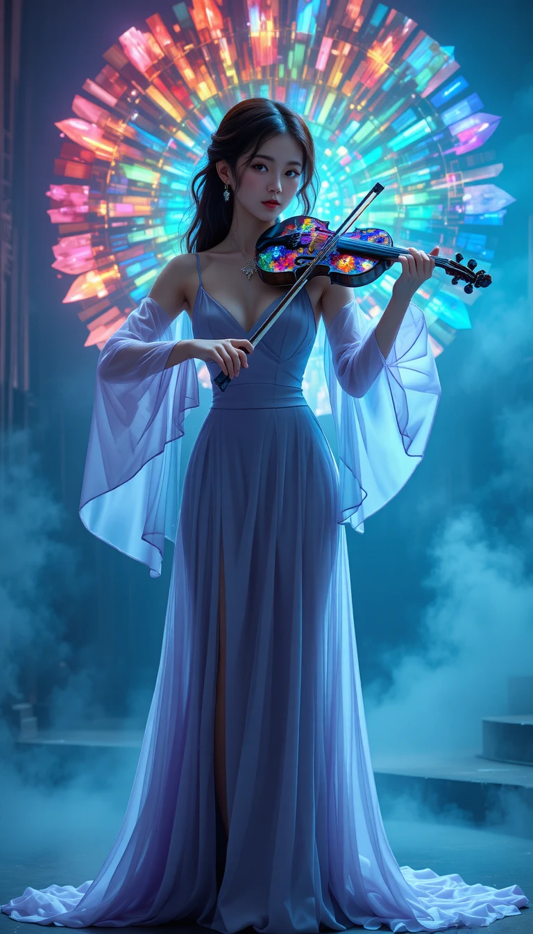 Violinista di viola coreana in abito lavanda che suona una viola di vetro colorato