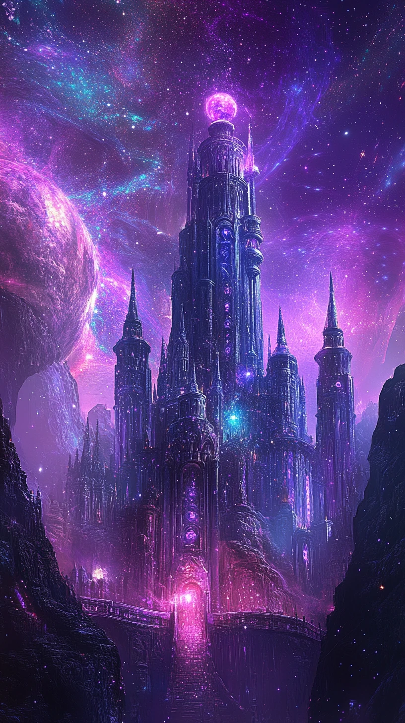 Castelos etéreos se dissolvendo em galáxias violetas estreladas