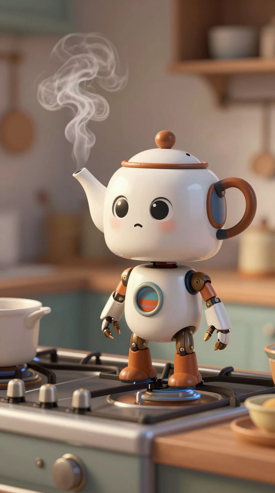 Robô brincalhão com cabeça de bule em cima do fogão da cozinha