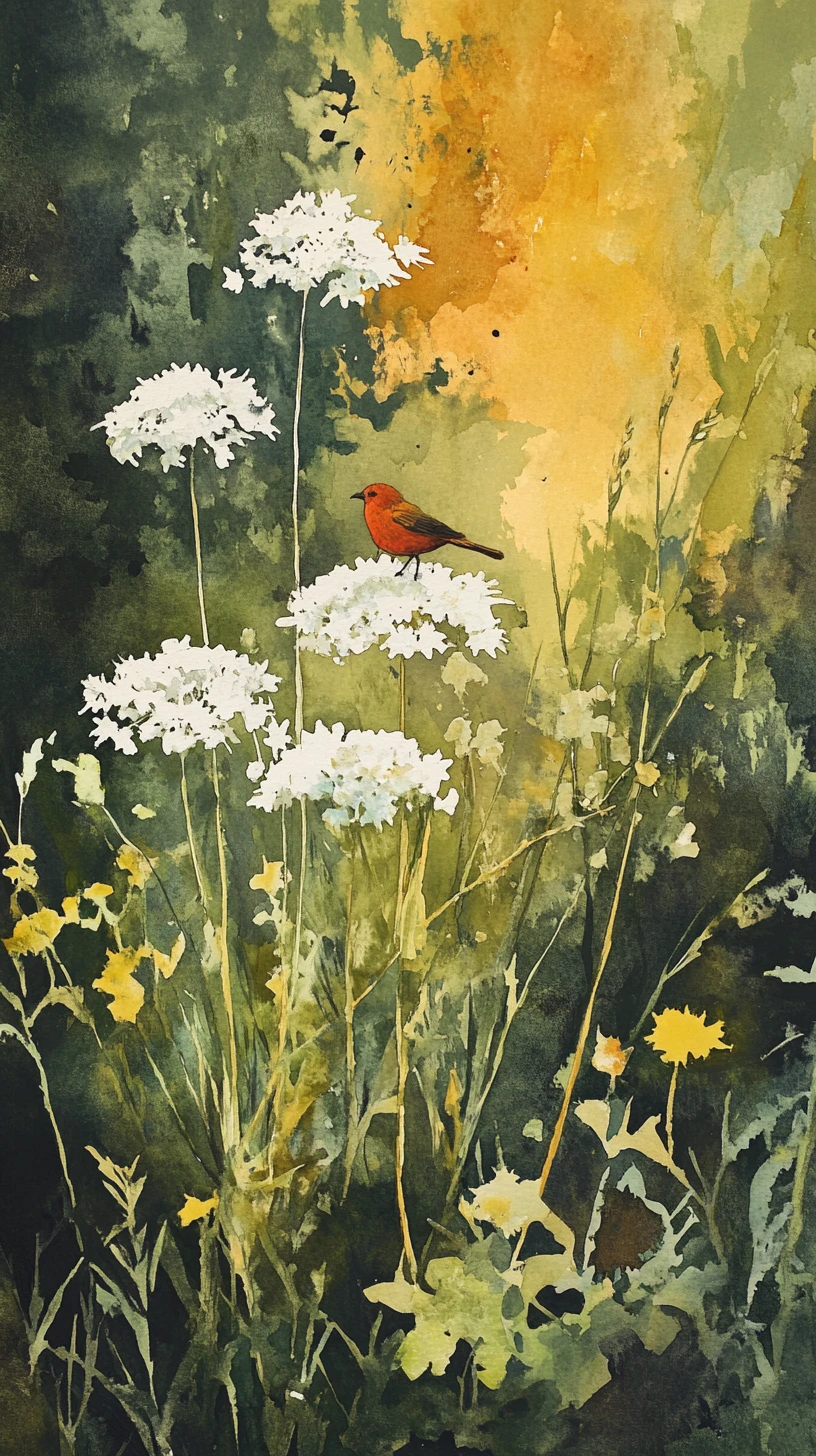 Wildflower patch painting with red bird and soft background