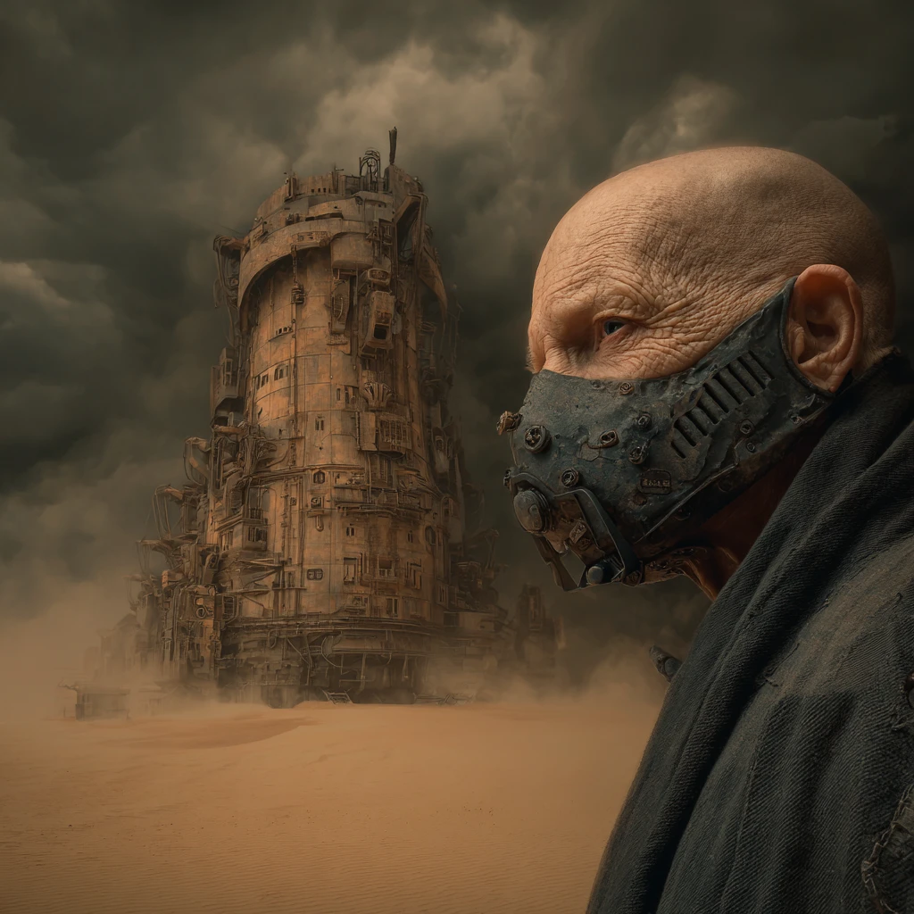 Figura di cyborg in un rifugio spettrale nel deserto futuristico e oscuro